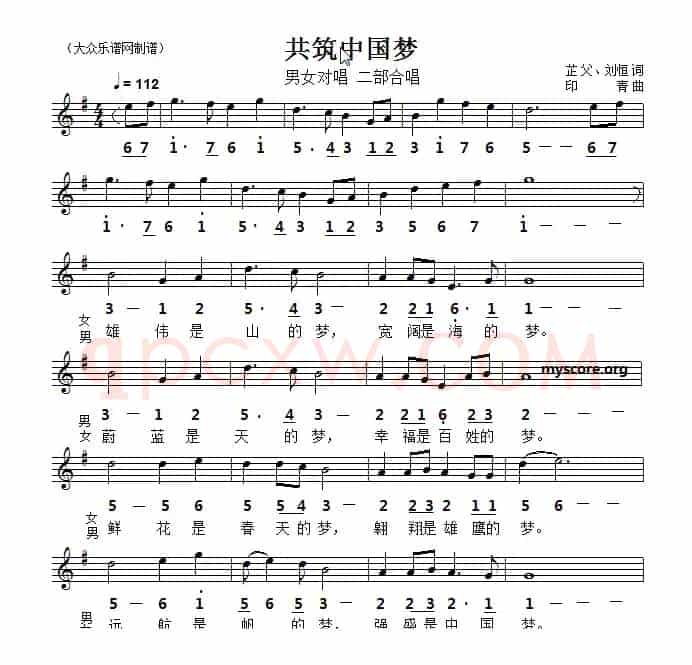 共筑中国梦（芷父 刘恒词 印青曲、线简谱对照版）