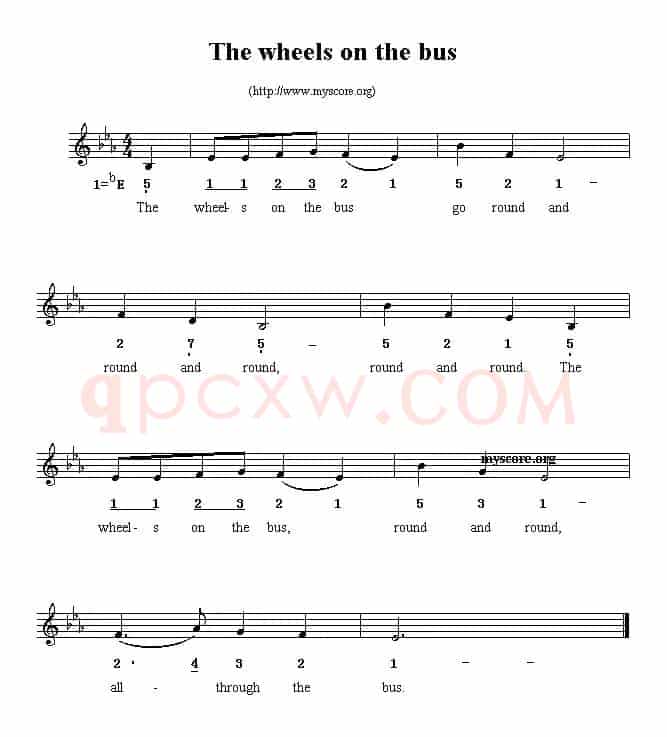 The wheels on the bus（线简谱混排版、英文儿歌）