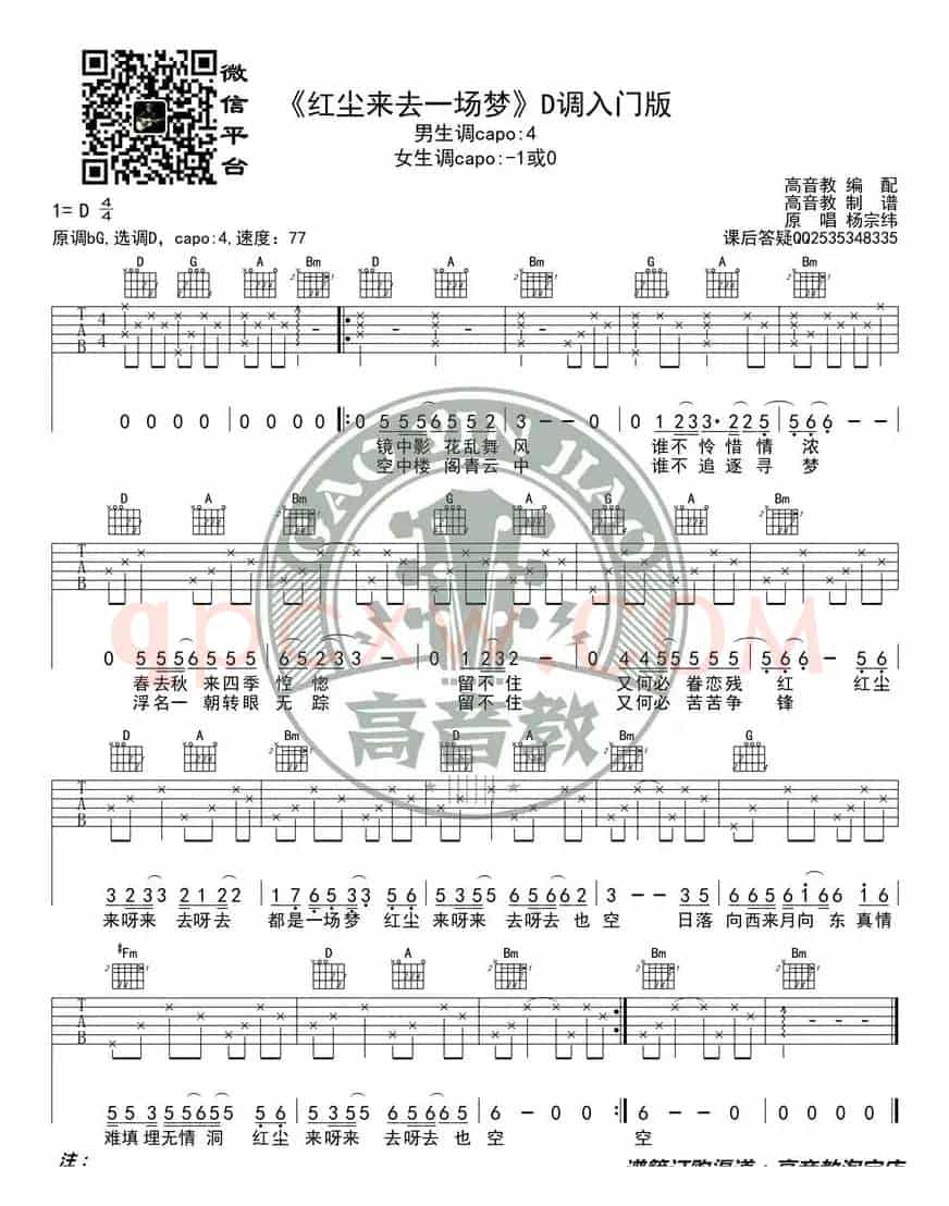 《红尘来去一场梦》吉他谱D调入门版 高音教编配 猴哥吉他教学