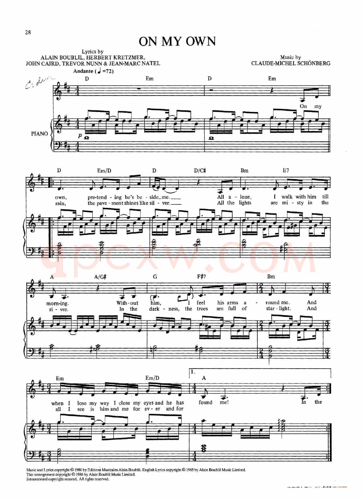 On My Own(音乐剧《悲惨世界》(Les Miserables)选曲、正谱 )