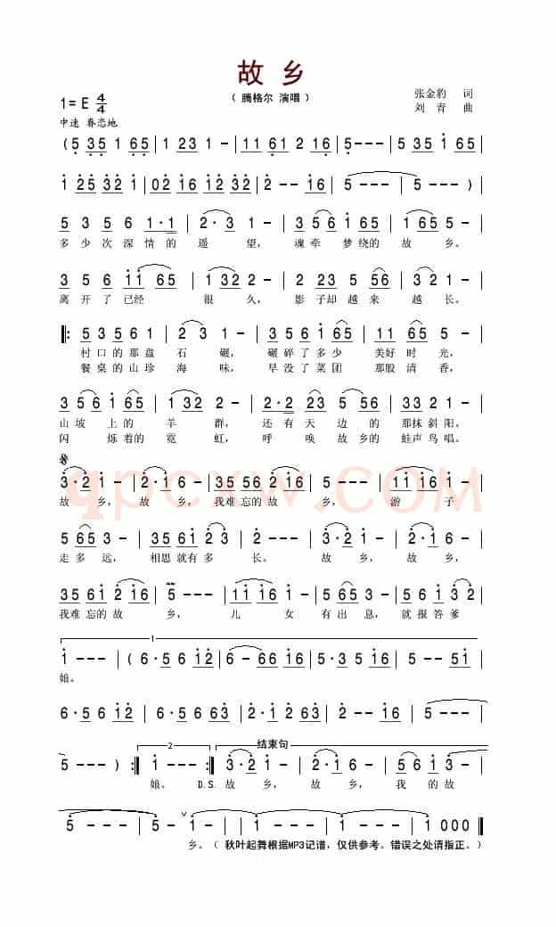 故乡（张金豹词 刘青曲）