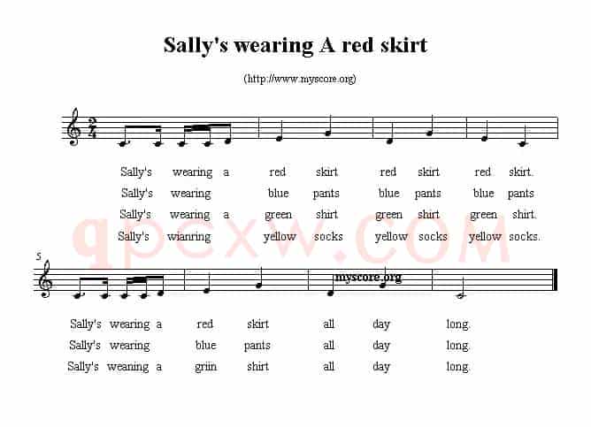 Sally's wearing a red skirt（英文儿歌、五线谱）