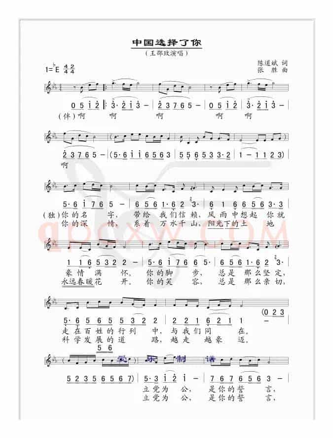 中国选择了你（陈道斌词 张胜曲、线简谱混排版）