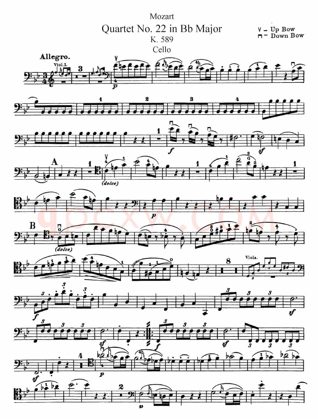Mozart《Quartet No.22 in Bb Major，K.589》（Cello分谱）