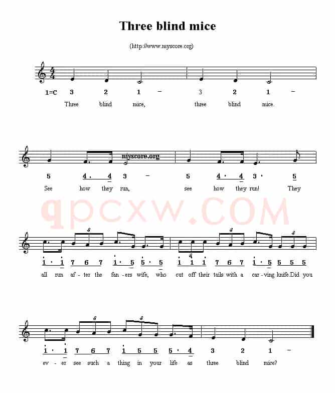 Three blind mice(线简谱混排版、英文儿歌)