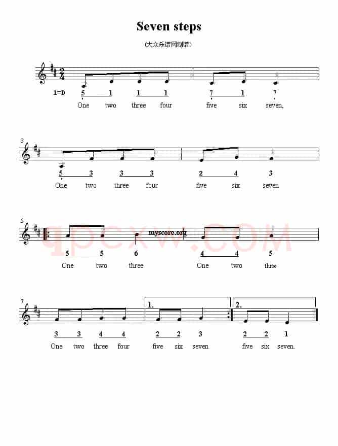 Seven steps（英文儿歌、线简谱混排版）