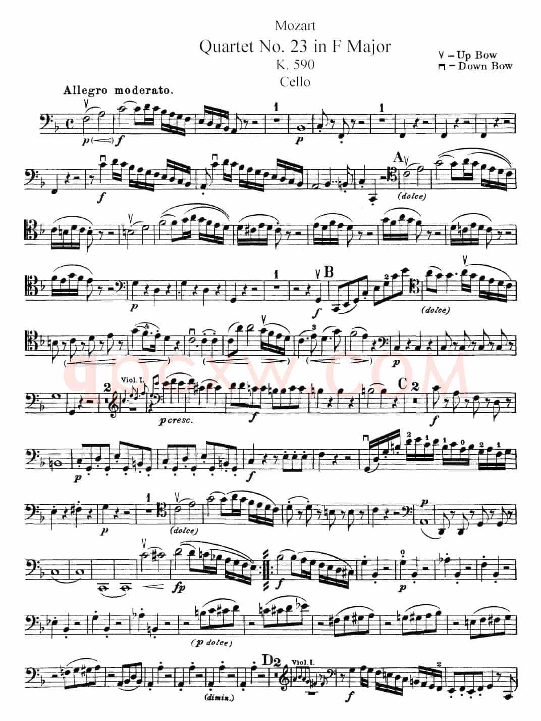 Mozart《Quartet No.23 in F Major，K.590》（Cello分谱）