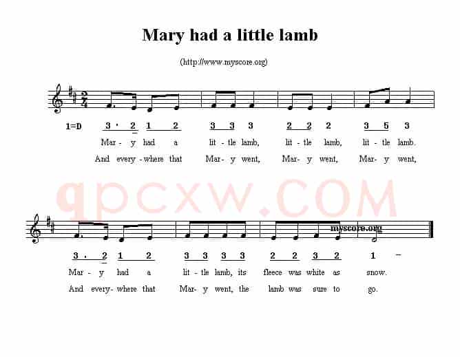 Mary had a little lamb（线简谱混排版、英文儿歌）