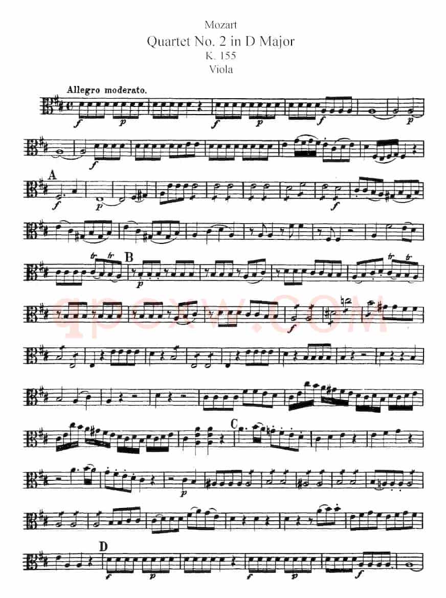 Mozart《Quartet No.2 in D Major,K.155》（Viola分谱）