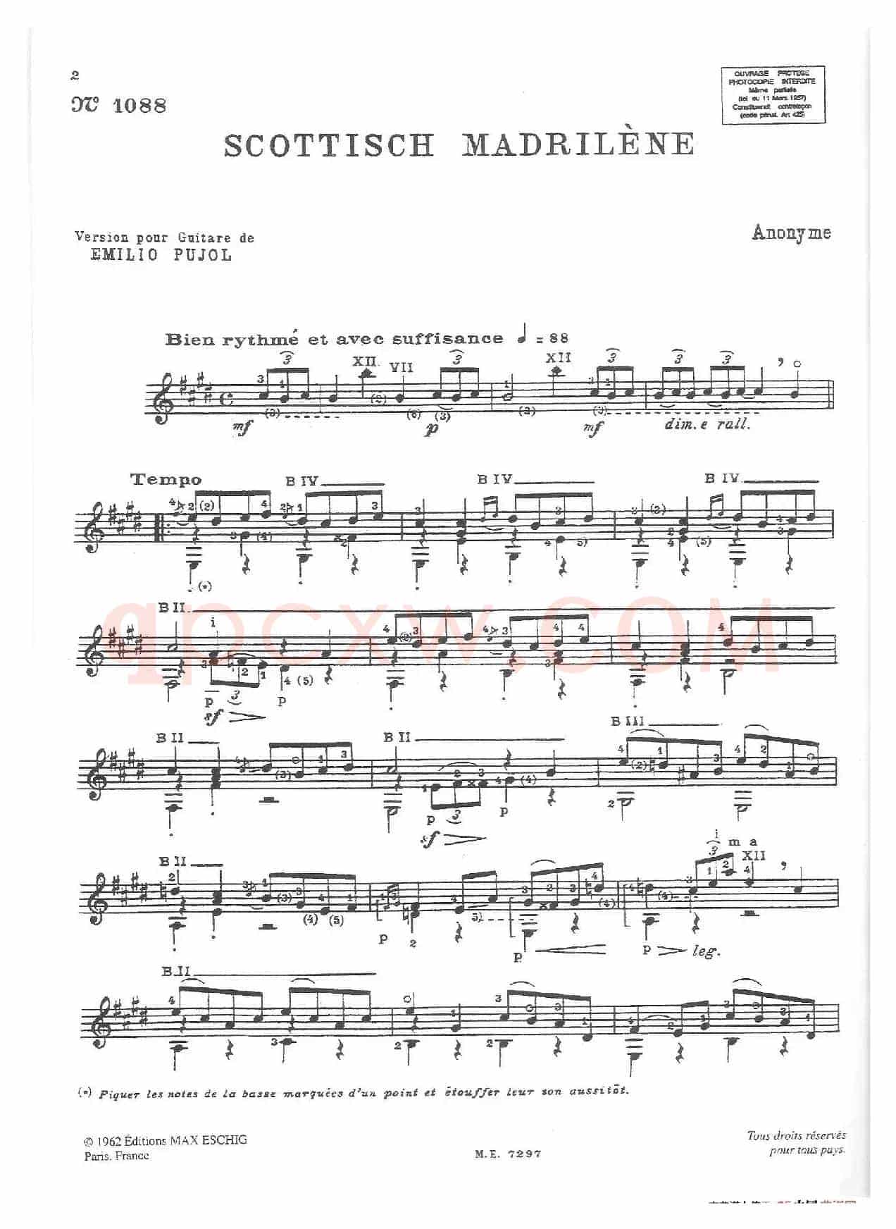 Scottisch Madrilene.- Anonyme.- Transcription Emilio Pujol（古典吉他）