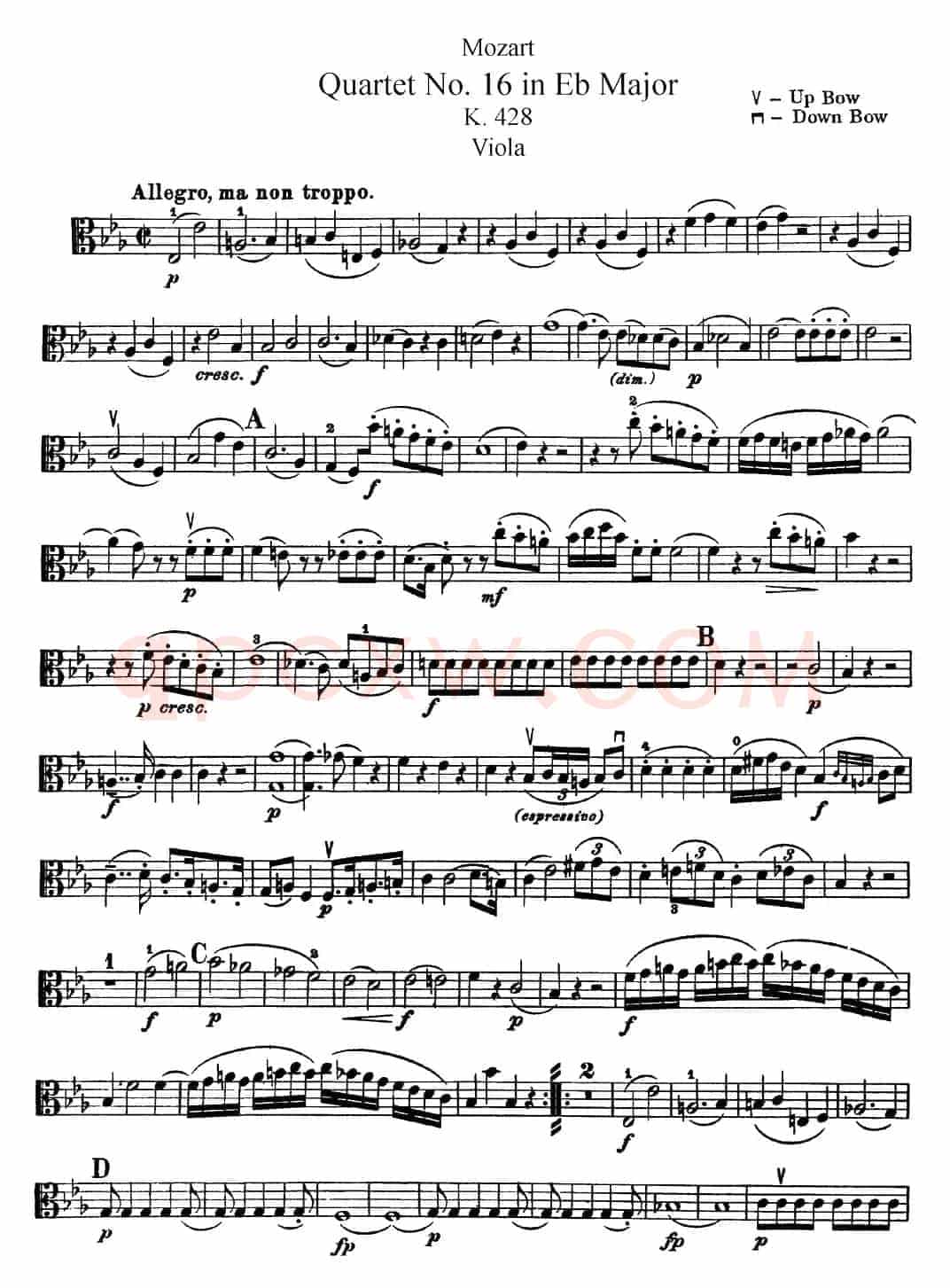 Mozart《Quartet No.16 in Eb Major,K.428》（Viola分谱）