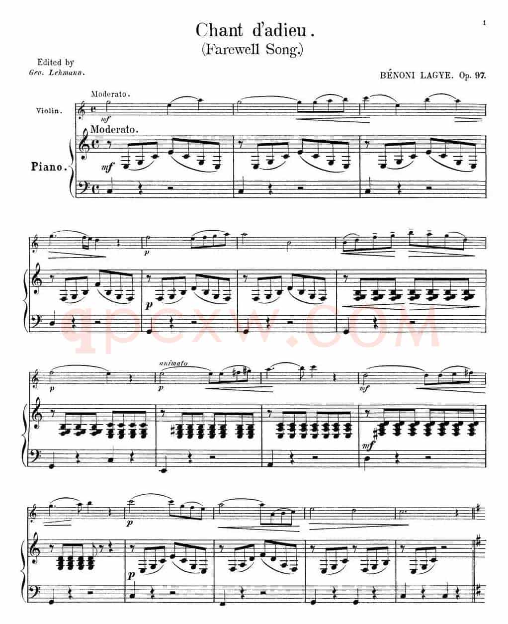 25首小提琴曲合集:Chant d'adieu.(Farewell Song.)(BENONI LAGYE.Op.97)(小提琴+钢琴伴奏)
