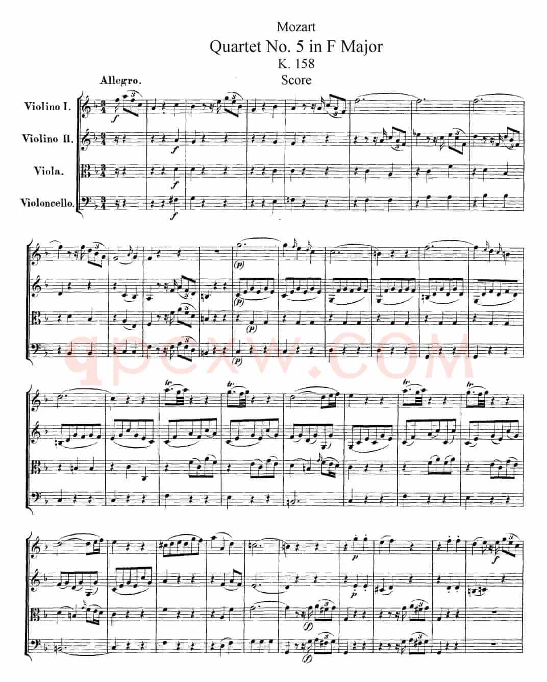 Mozart《Quartet No.5 in F Major,K.158》（总谱）