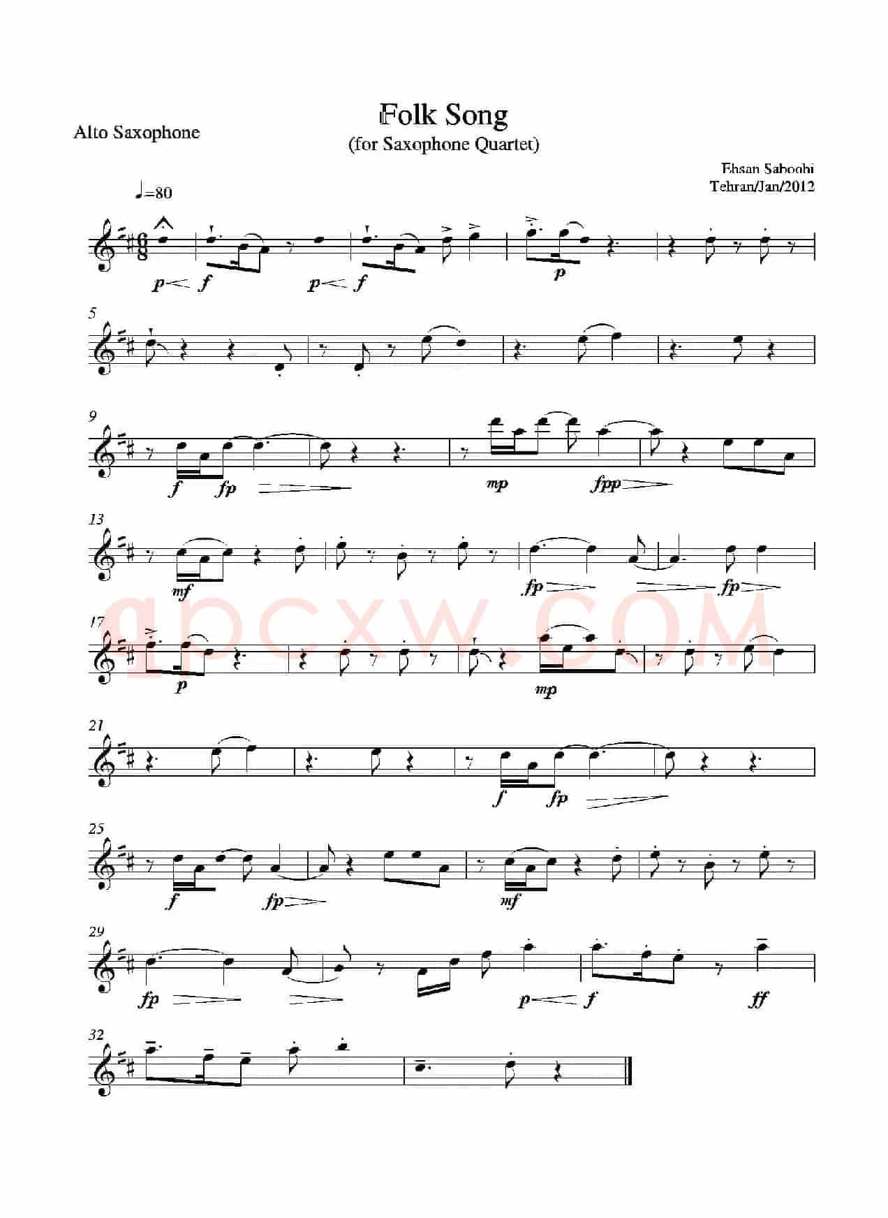 Folk Song（四重奏中音萨克斯分谱）