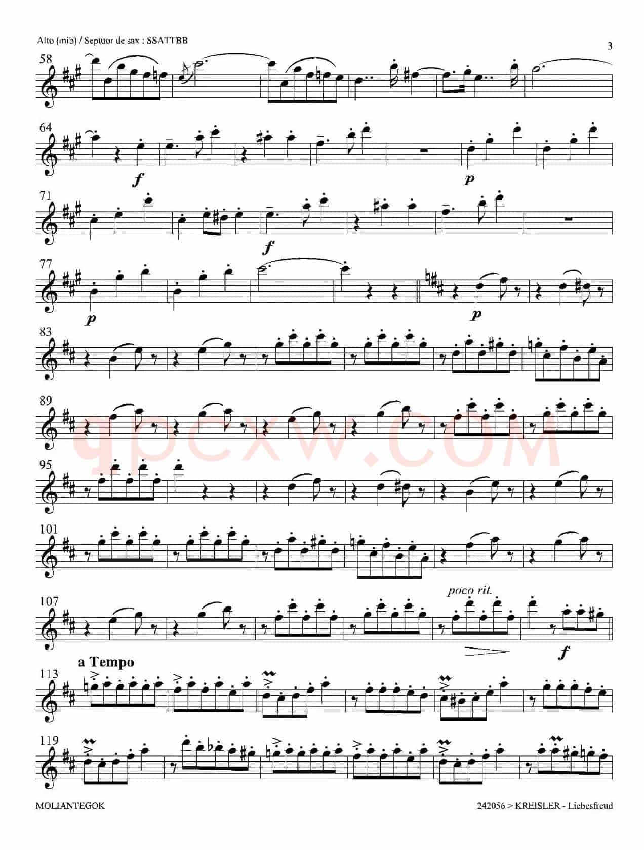 Liebesfreud（四重奏中音萨克斯分谱）