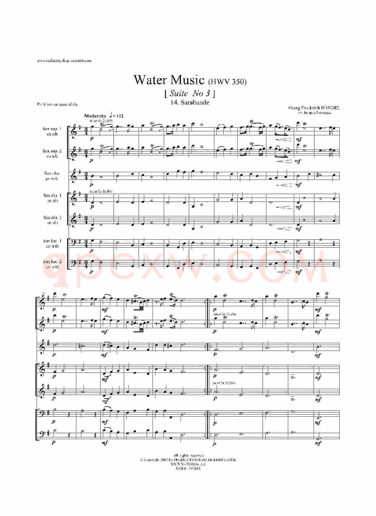 Water Music（HWV.350 No.3）（萨克斯合奏总谱）