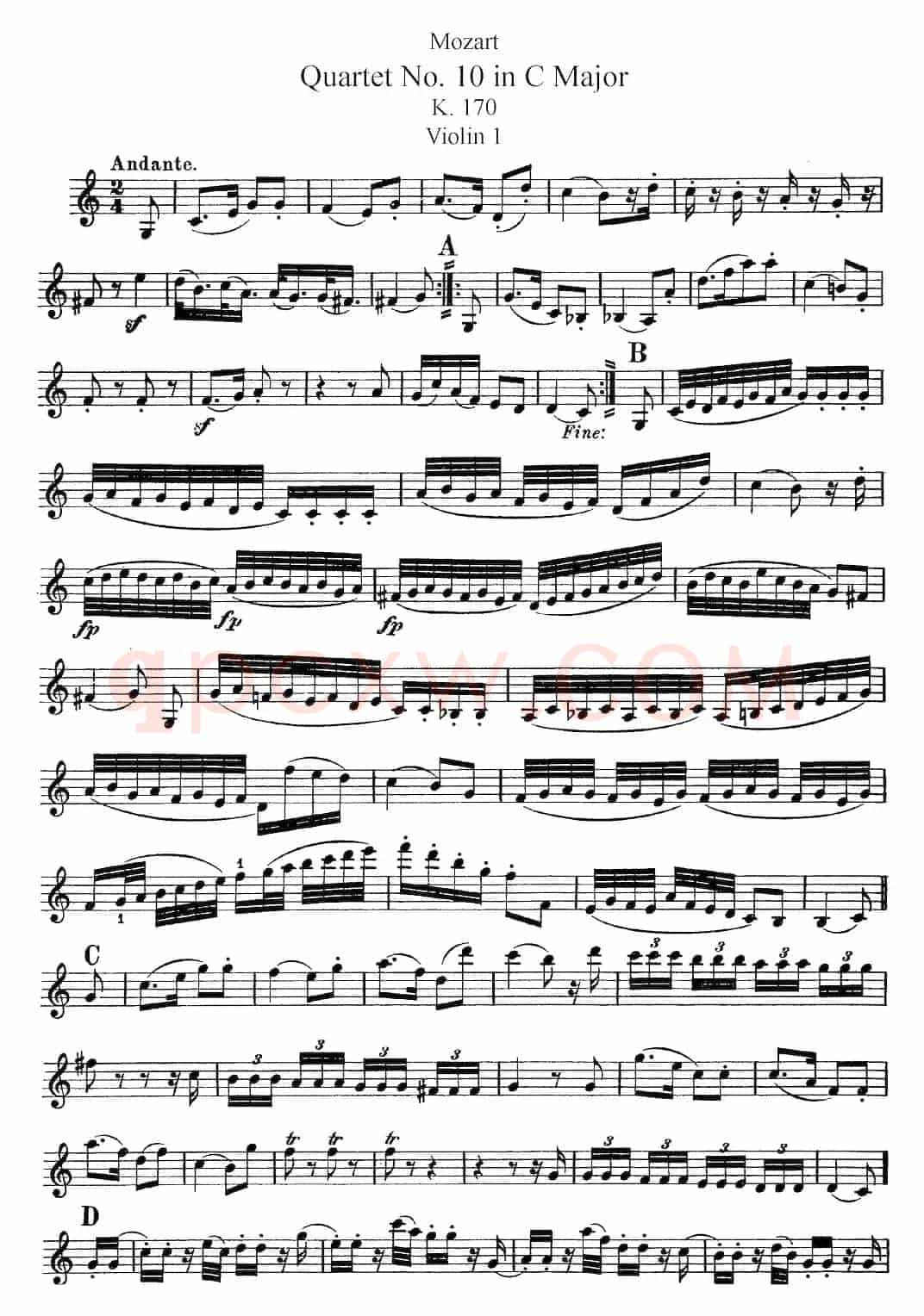 Mozart《Quartet No.10 in C Major,K.170》（Violin 1分谱）