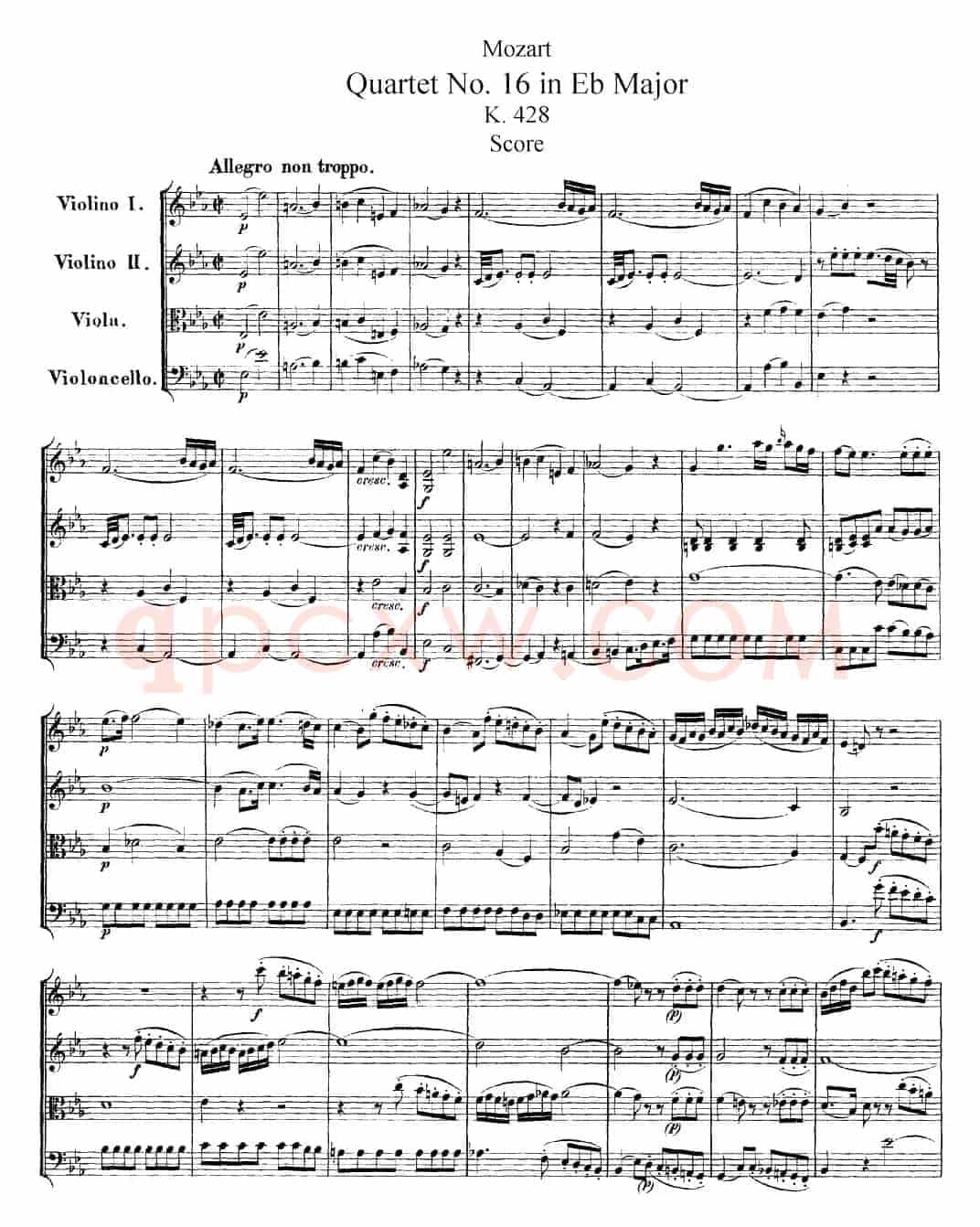 Mozart《Quartet No.16 in Eb Major,K.428》（总谱）
