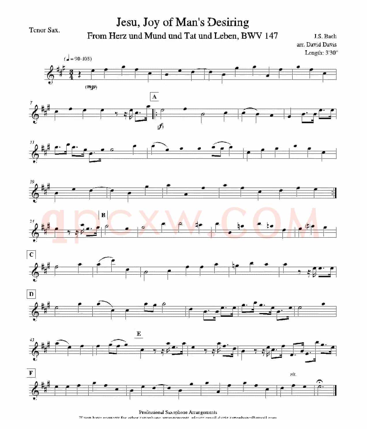 Jesu,Joy of Man's Desiring（四重奏次中音萨克斯分谱）
