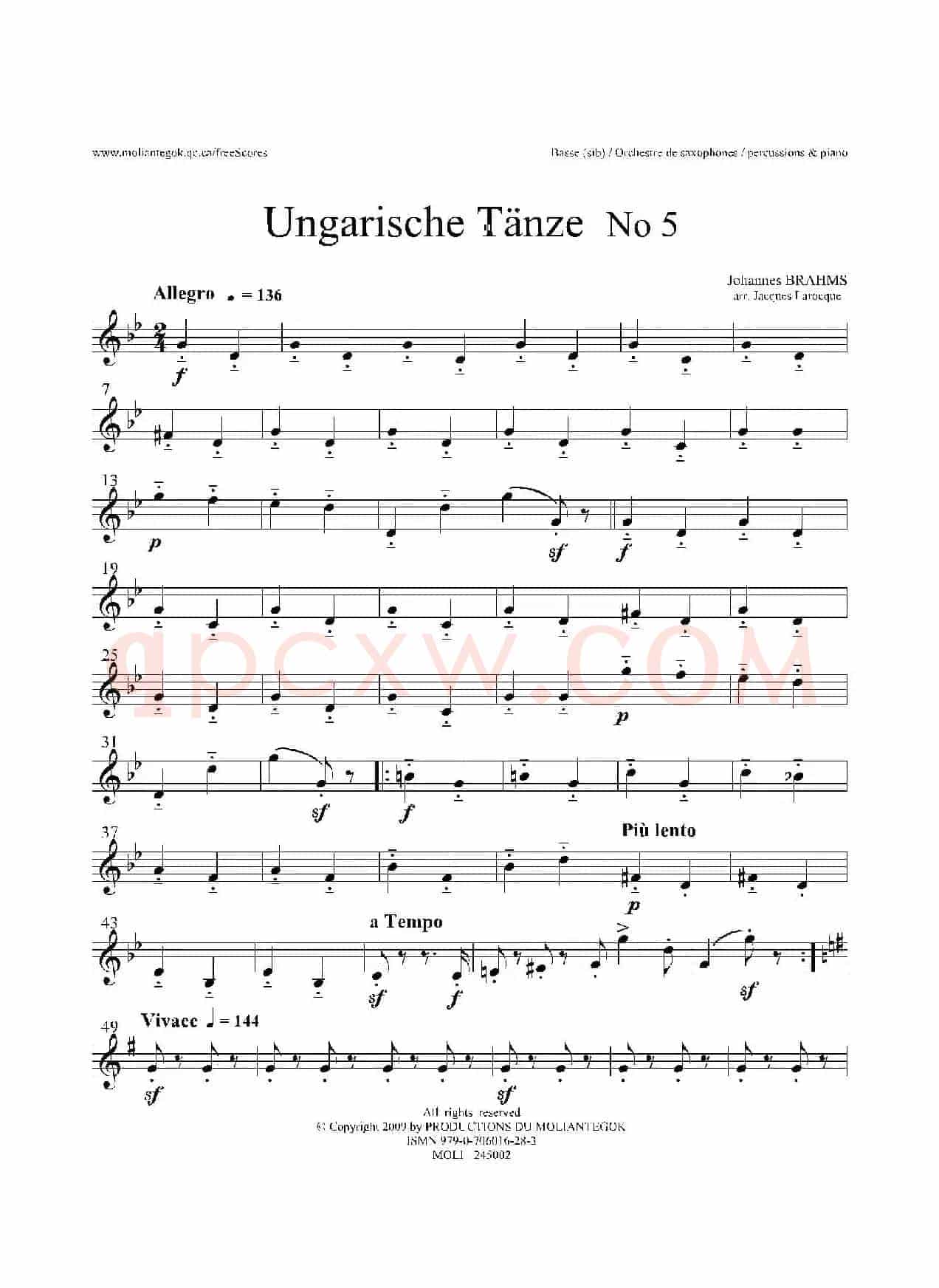 Ungarische Tnze No 5（十五重奏Basse分谱）