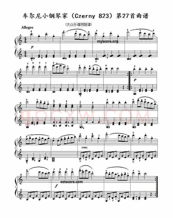 车尔尼《小钢琴家》（Czerny 823）第27首（曲谱及练习提示）