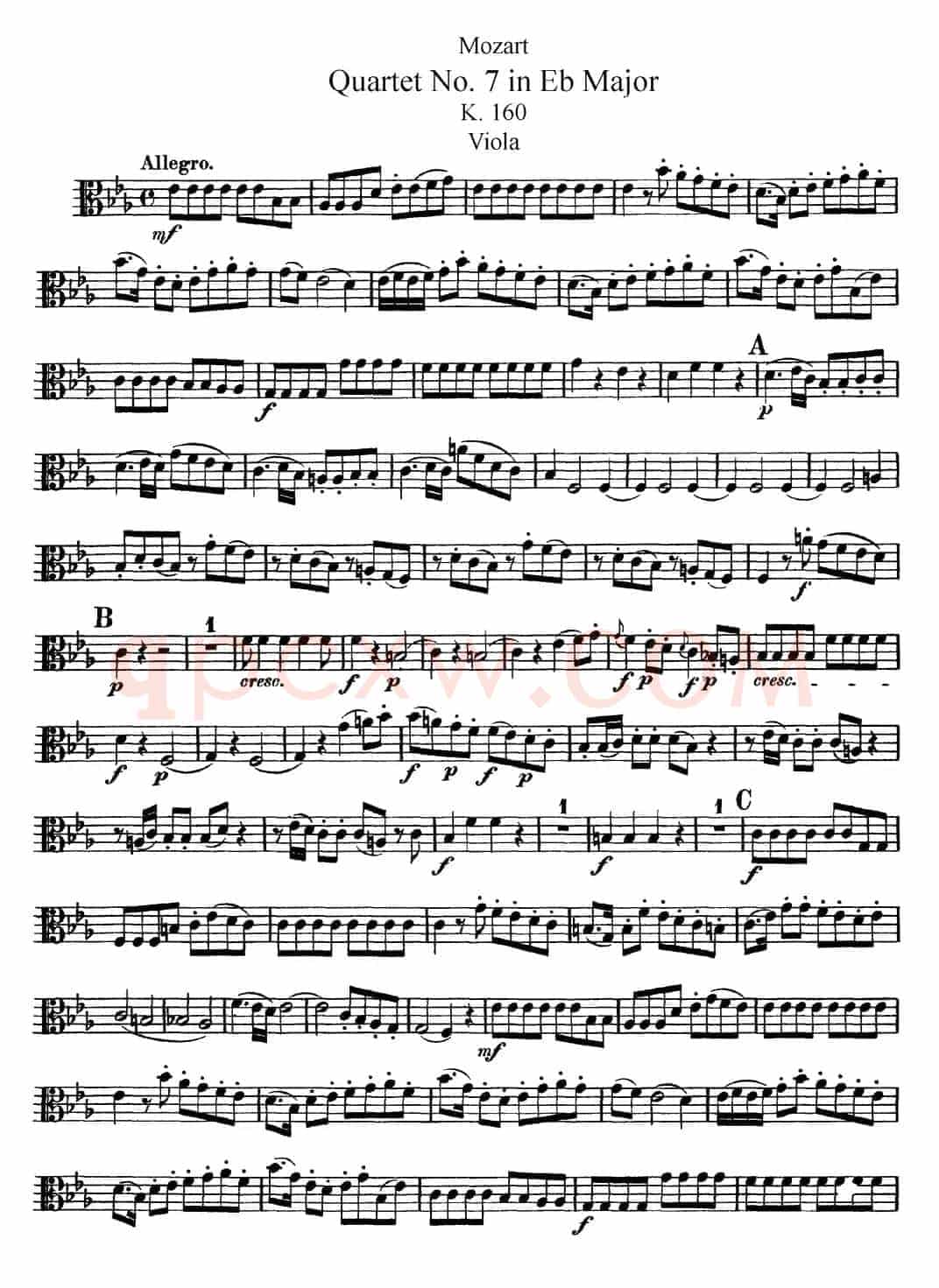 Mozart《Quartet No.7 in Eb Major,K.160》（Viola分谱）