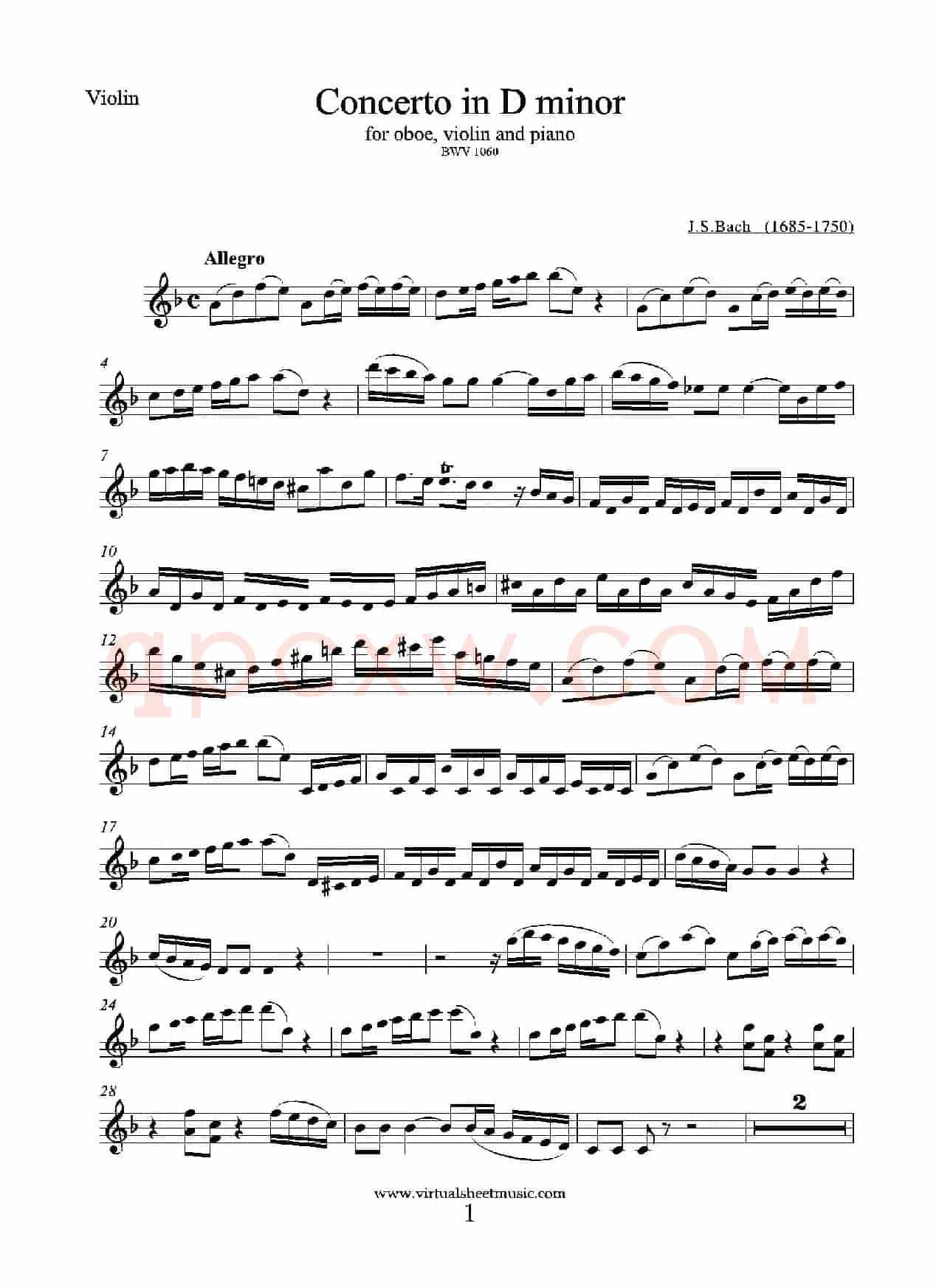Concerto in D minor（小提琴分谱）