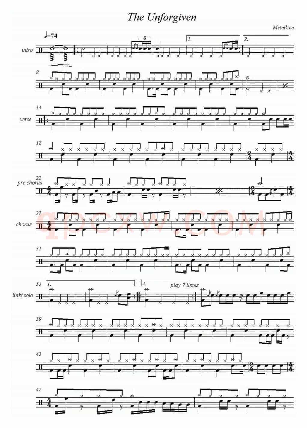 爵士鼓谱：Metallica - The Unforgiven