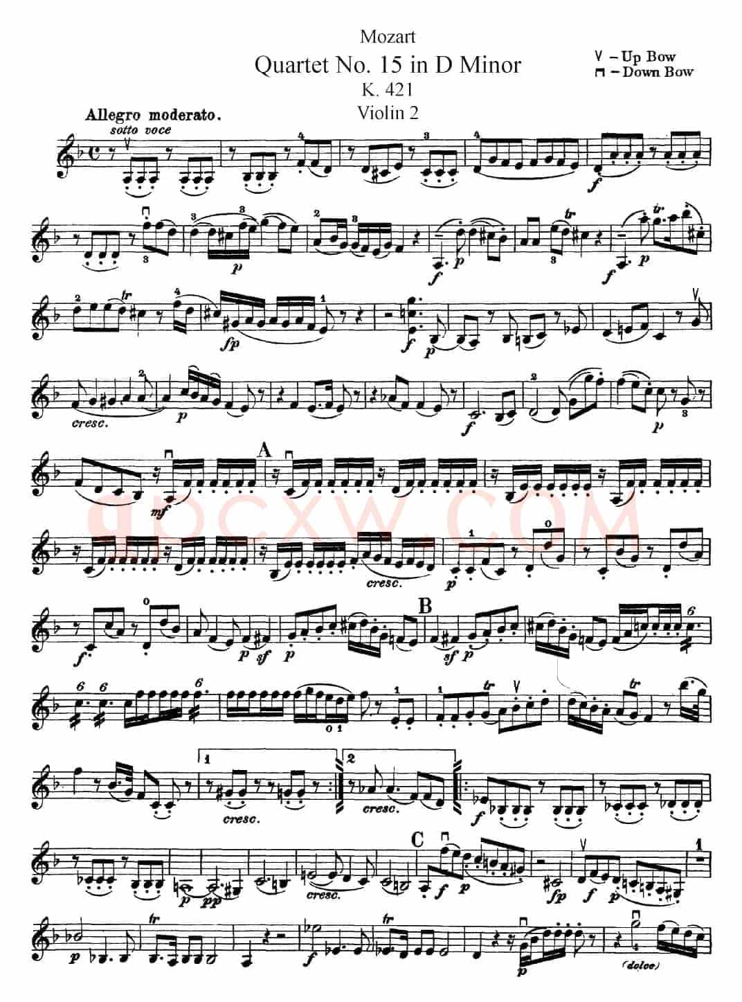 Mozart《Quartet No.15 in D Minor,K.421》（Violin 2分谱）