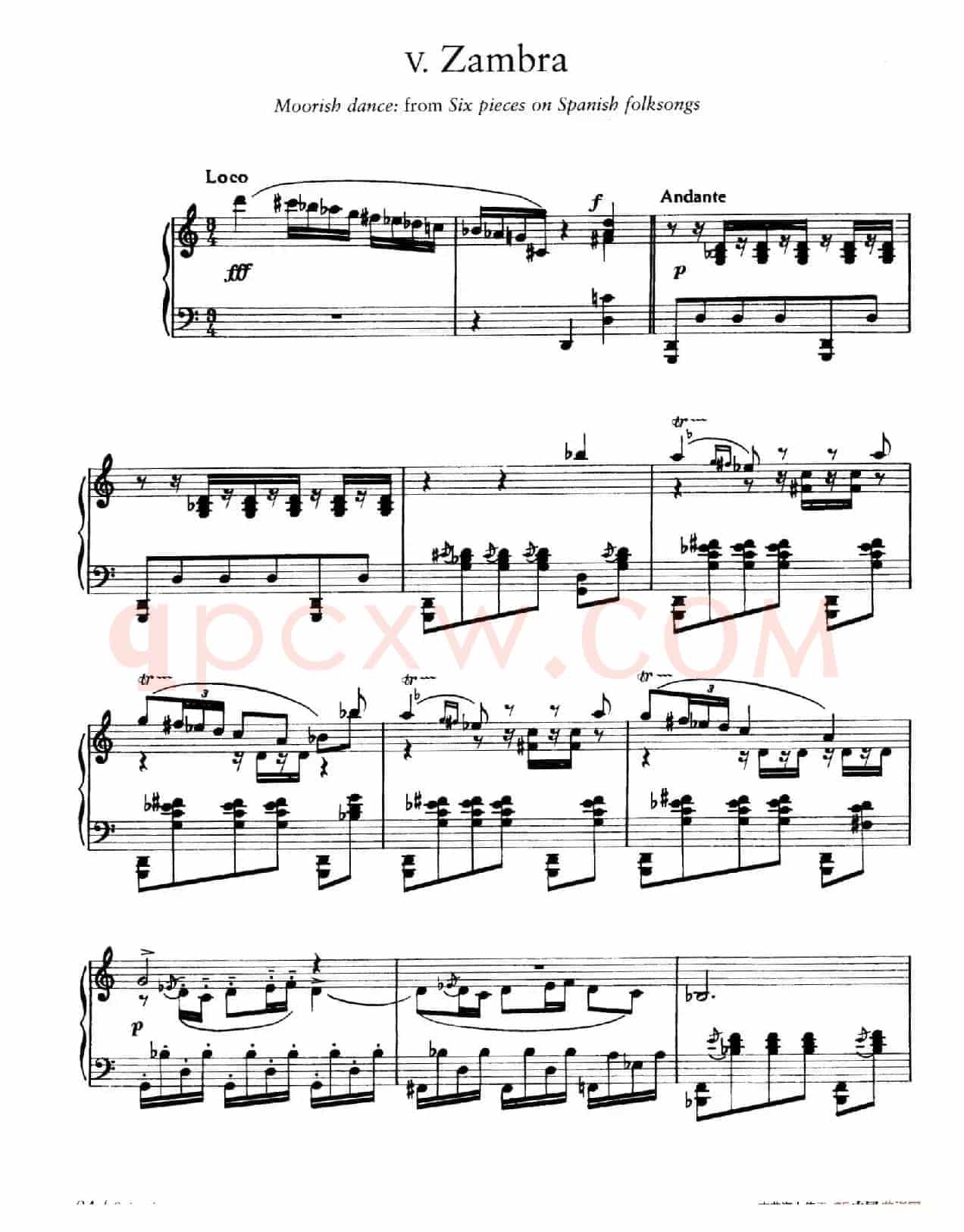 Six Pieces on Spanish Folksongs H.125（6首西班牙民谣小品·6. 赞巴舞曲 Zambra）