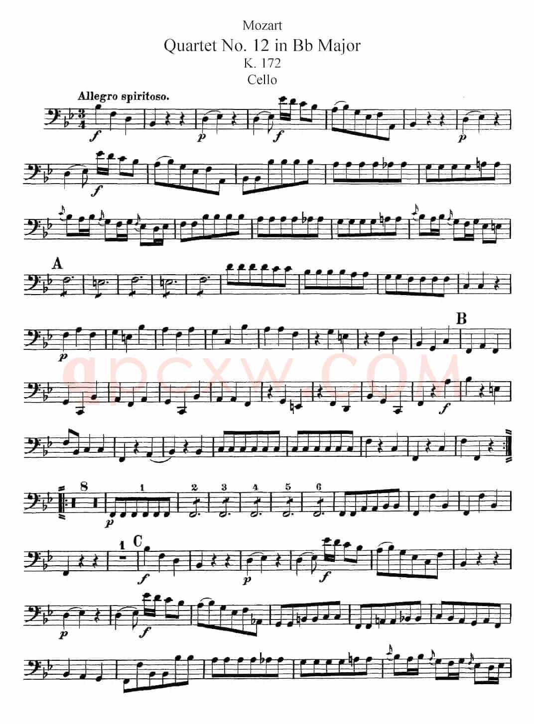 Mozart《Quartet No.12 in Bb Major,K.172》（Cello分谱）