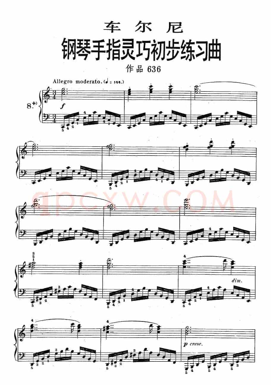 车尔尼《钢琴手指灵巧初步练习曲》之八