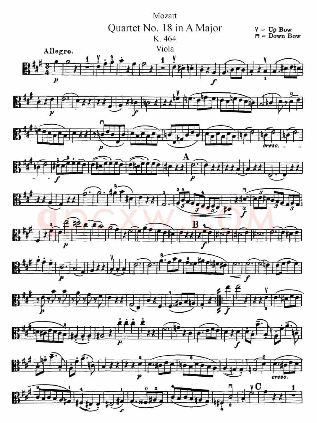 Mozart《Quartet No.18 in A Major,K.464》（Viola分谱）