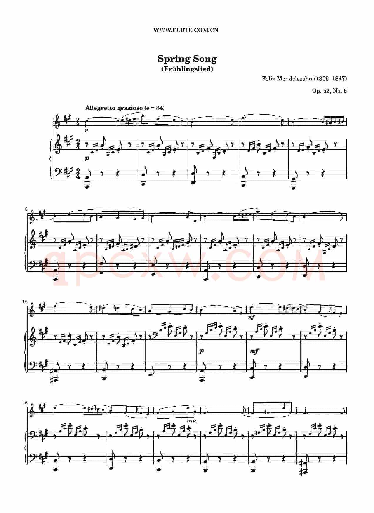 春之歌（Spring Song）作品62 （长笛+钢琴）