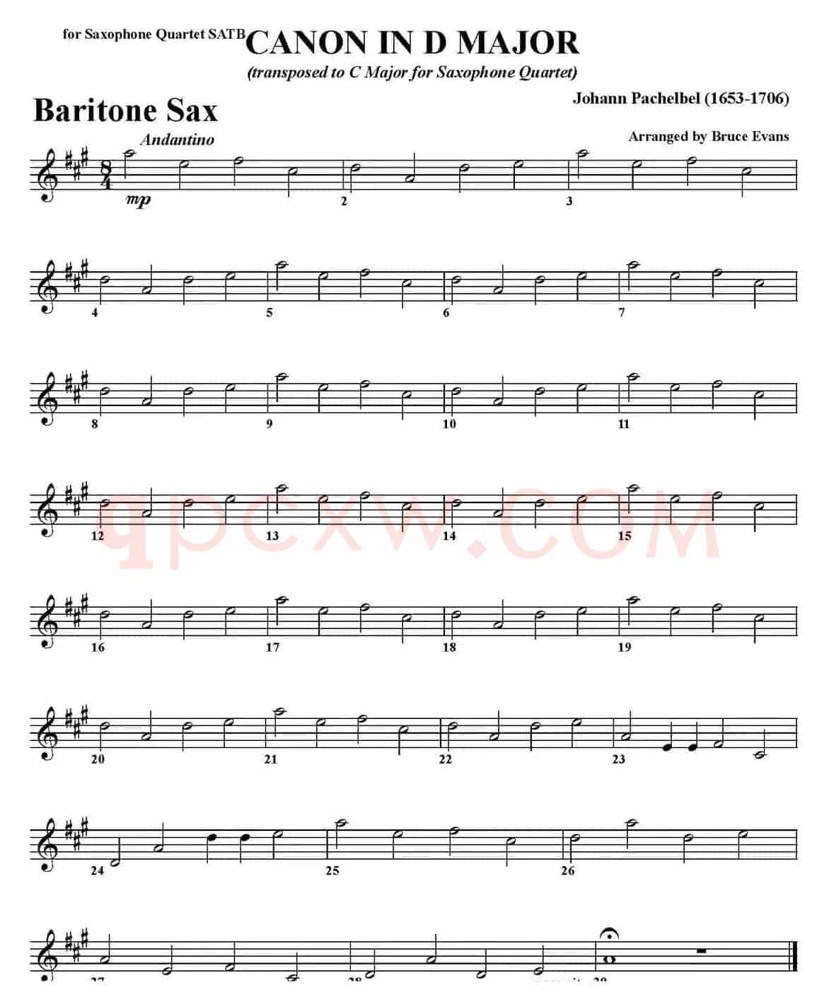 CANON IN D MAJOR（四重奏·上低音萨克斯分谱）
