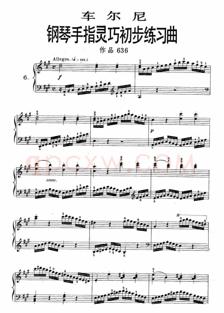 车尔尼《钢琴手指灵巧初步练习曲》之六