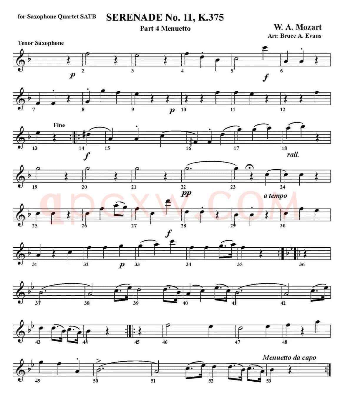 SERENADE No.11，K.375 Part 4 Menuetto（四重奏·次中音萨克斯分谱）