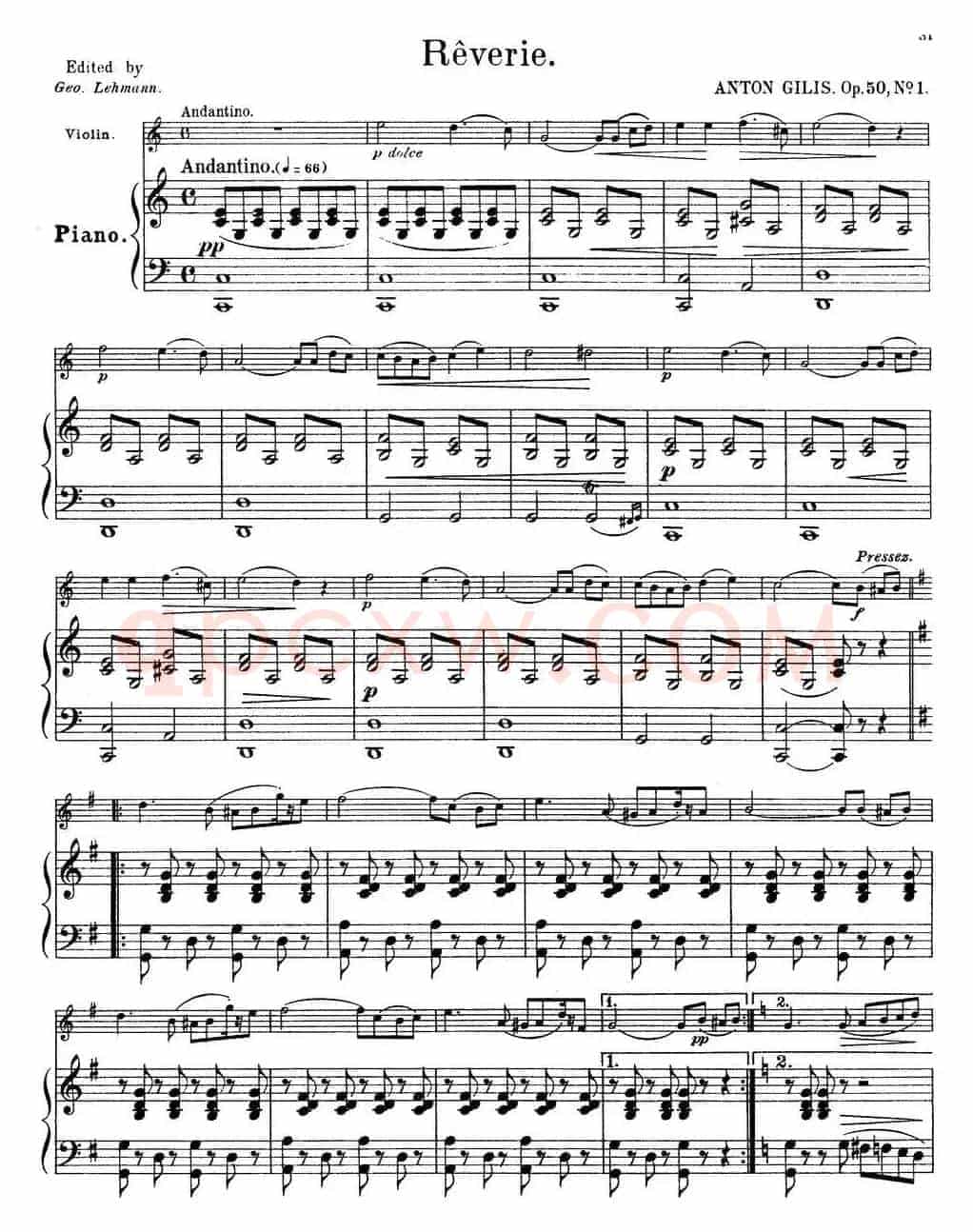 25首小提琴曲合集：Reverie.（ANTON GILIS. Op.50，No.1）（小提琴+钢琴伴奏）