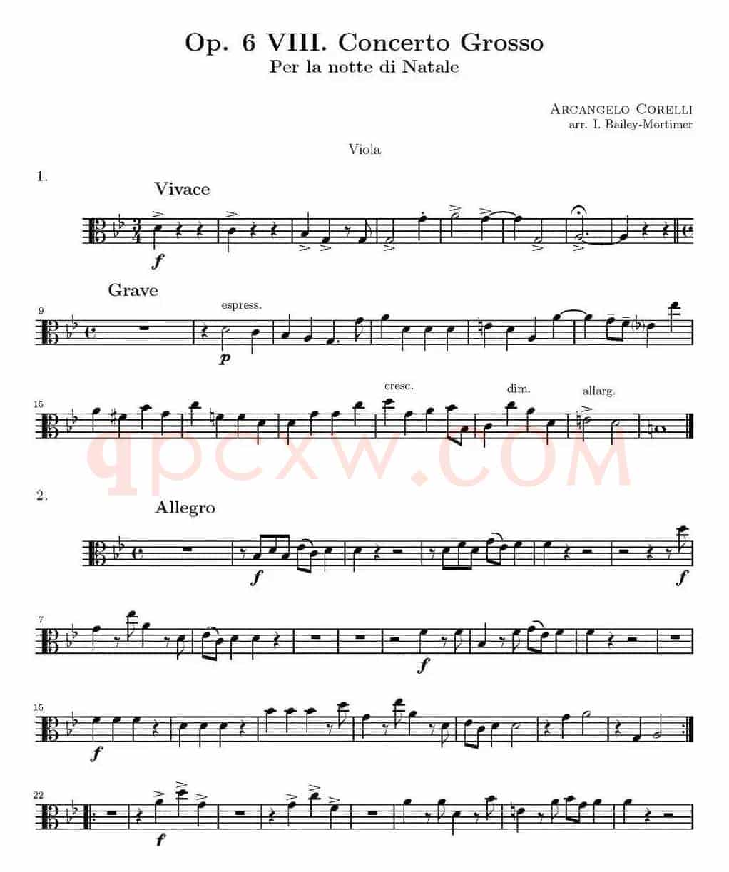 Op.6 VIII. Concerto Grosso（大协奏曲）（四重奏中提琴分谱）