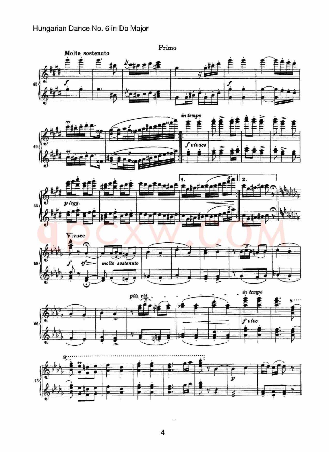 Hungarian Dance for four hands No 6 in Db Major