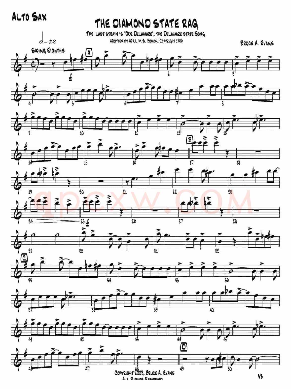 THE DIAMOND STATE RAG（四重奏·中音萨克斯分谱）