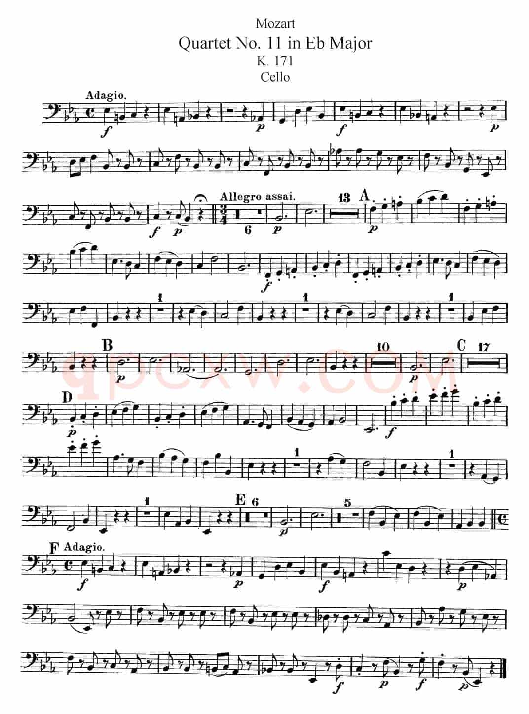 Mozart《Quartet No.11 in Eb Major,K.171》（Cello分谱）