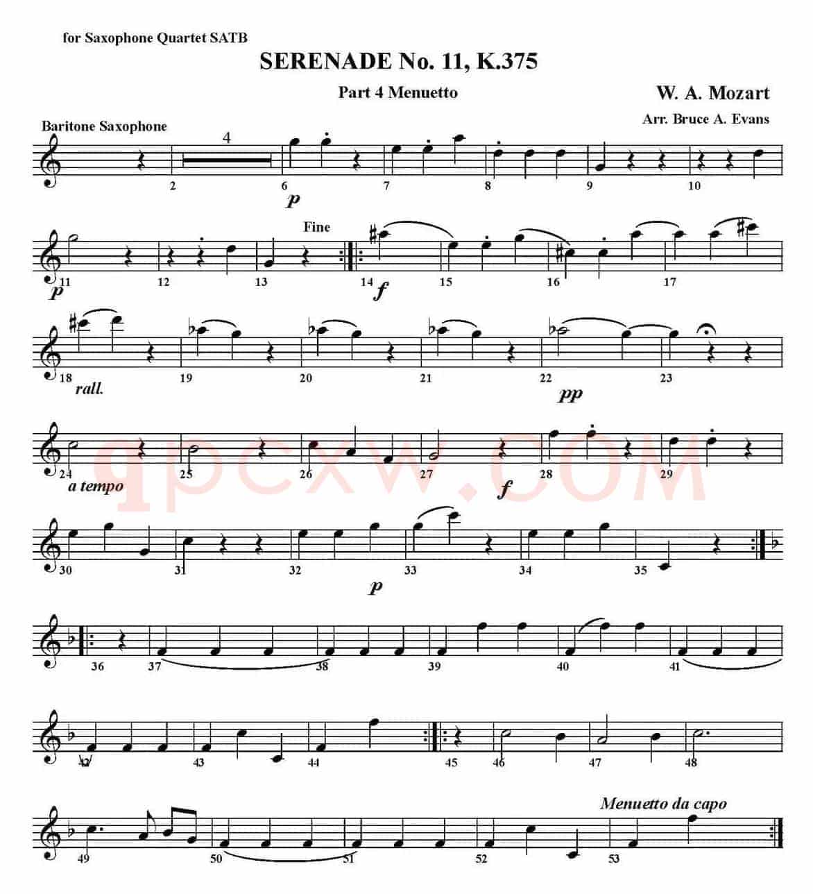 SERENADE No.11，K.375 Part 4 Menuetto（四重奏·上低音萨克斯分谱）