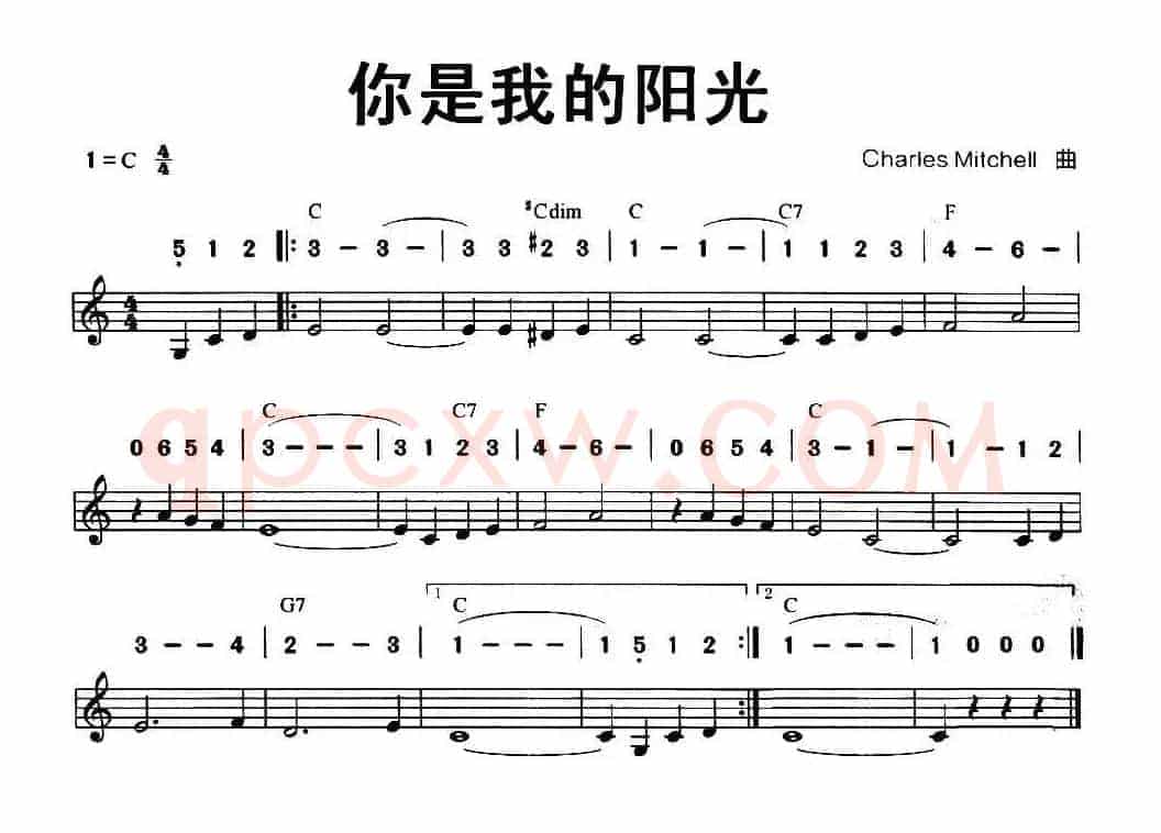 [美]你是我的阳光（线简谱混排版）