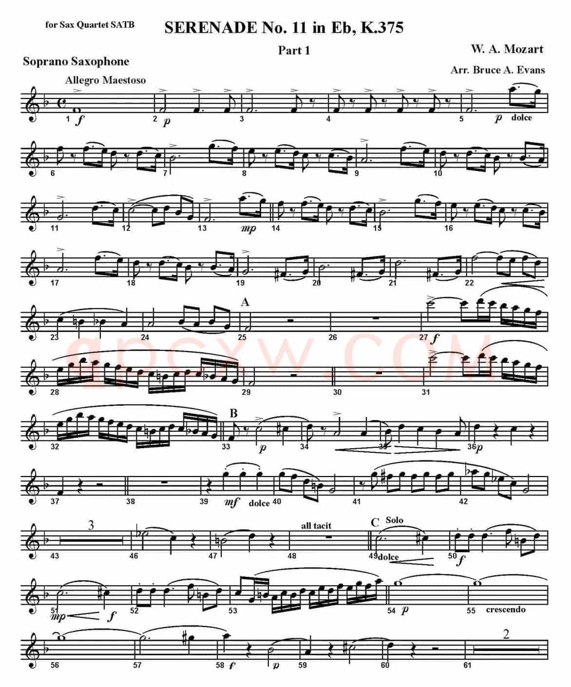 SERENADE No.11 in Eb，K.375 Part 1（四重奏·高音萨克斯分谱）