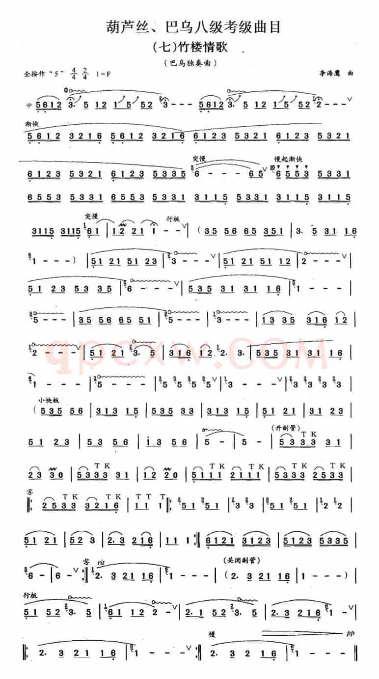葫芦丝、巴乌八级考级曲目：竹楼情歌