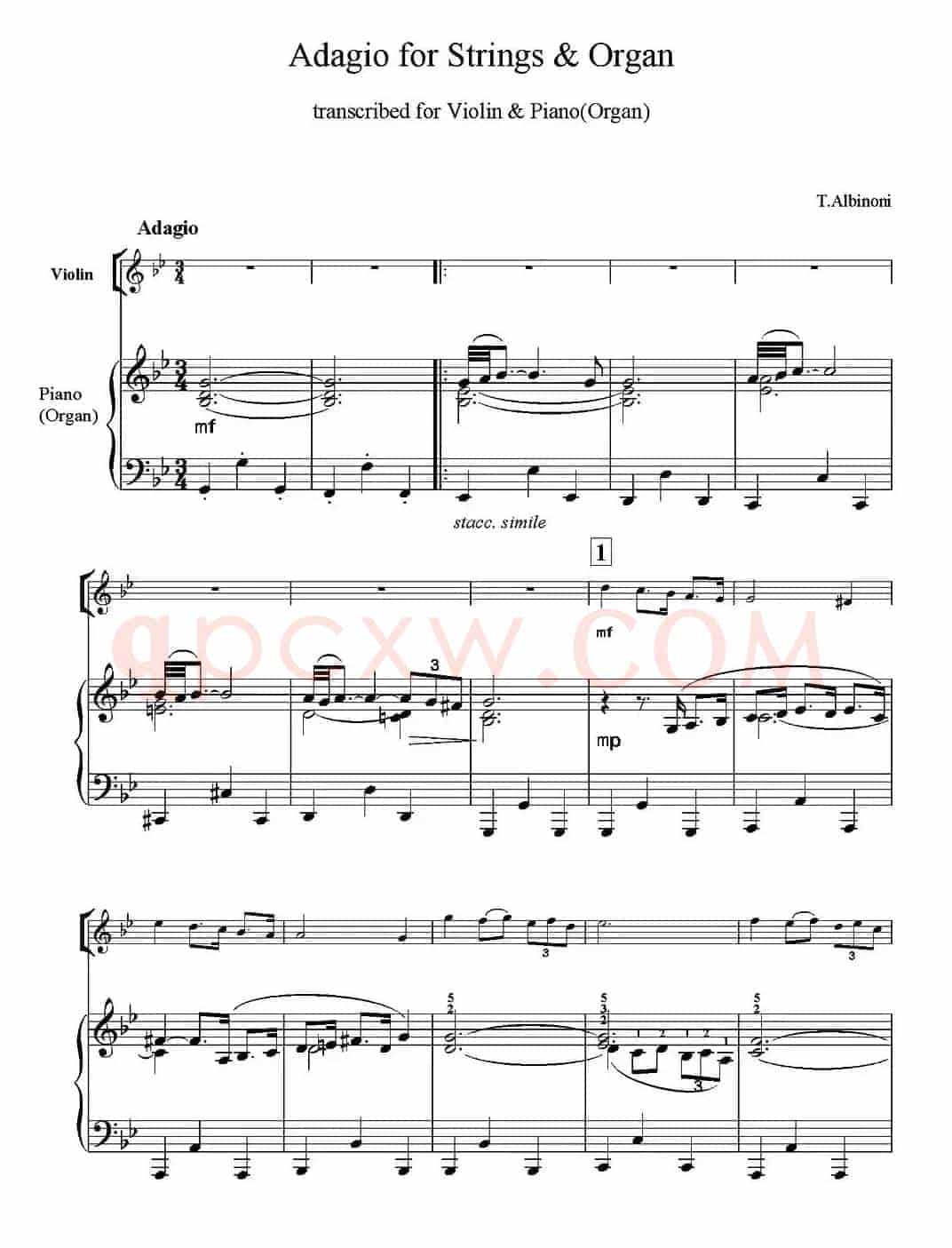 Adagio for Strings & Organ（柔板）（小提琴+钢琴伴奏）