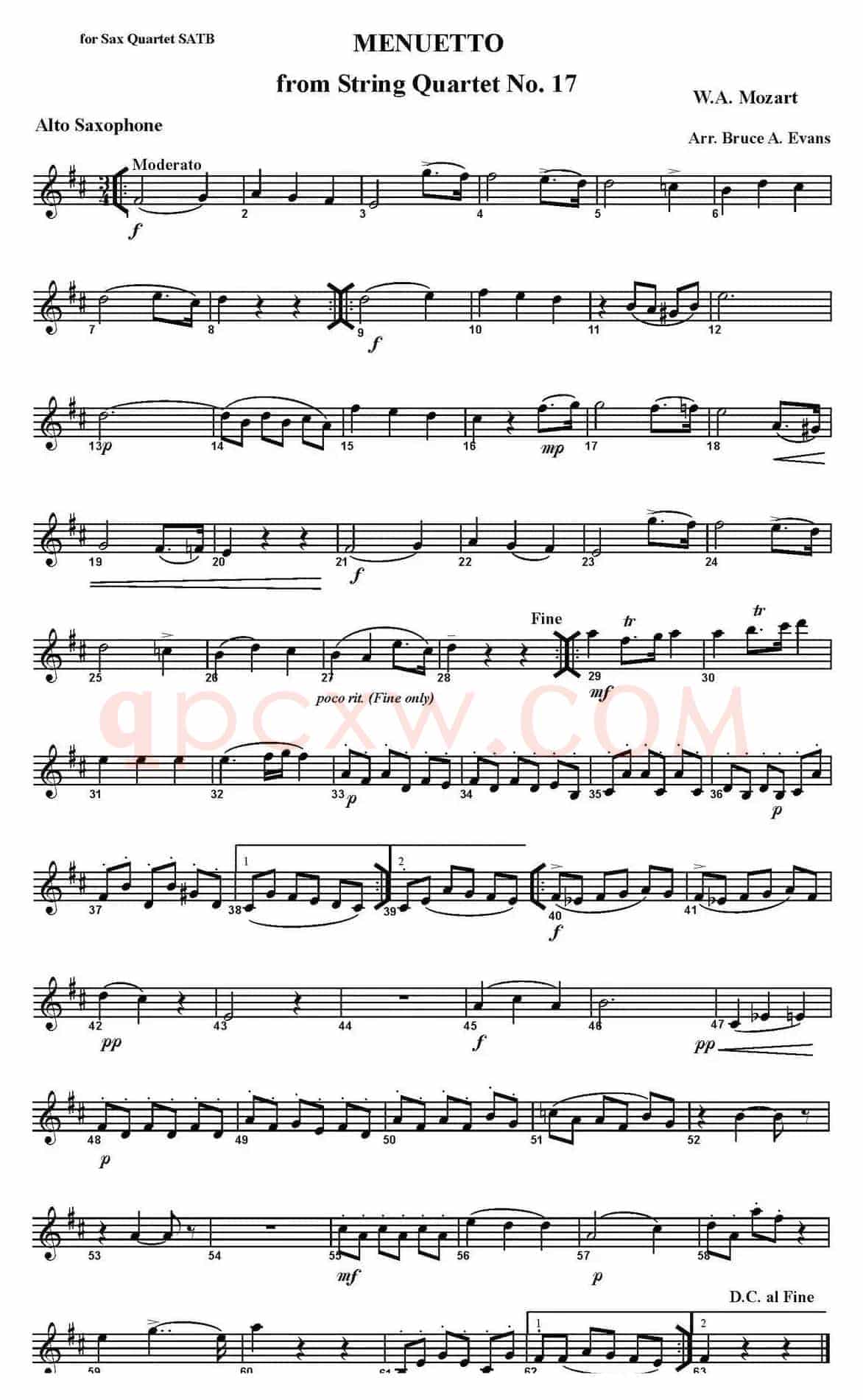MENUETTO from String Quartet No.17（四重奏·中音萨克斯分谱）