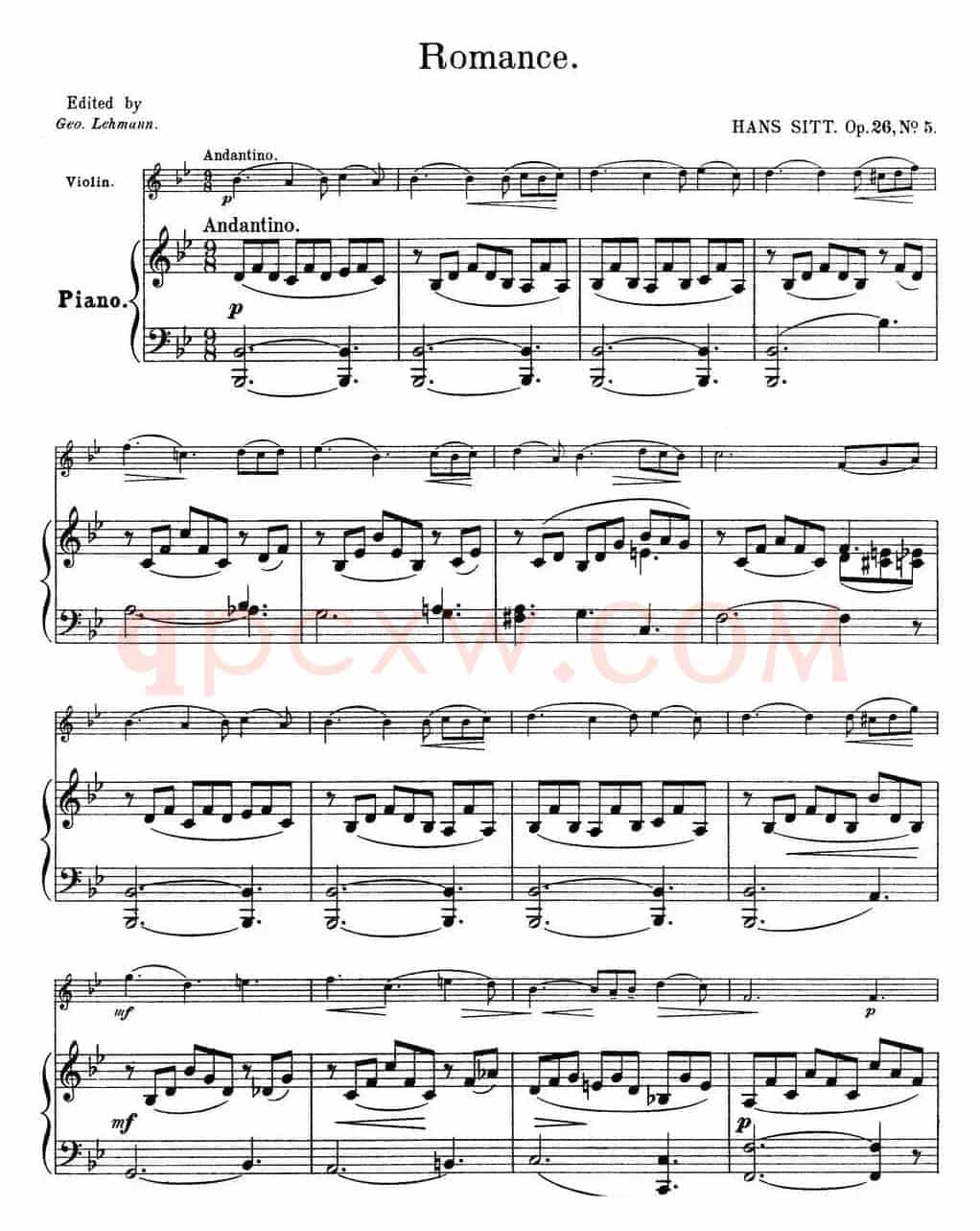 25首小提琴曲合集：Romance（HANS SITT. Op.26，No.5）.（小提琴+钢琴伴奏）