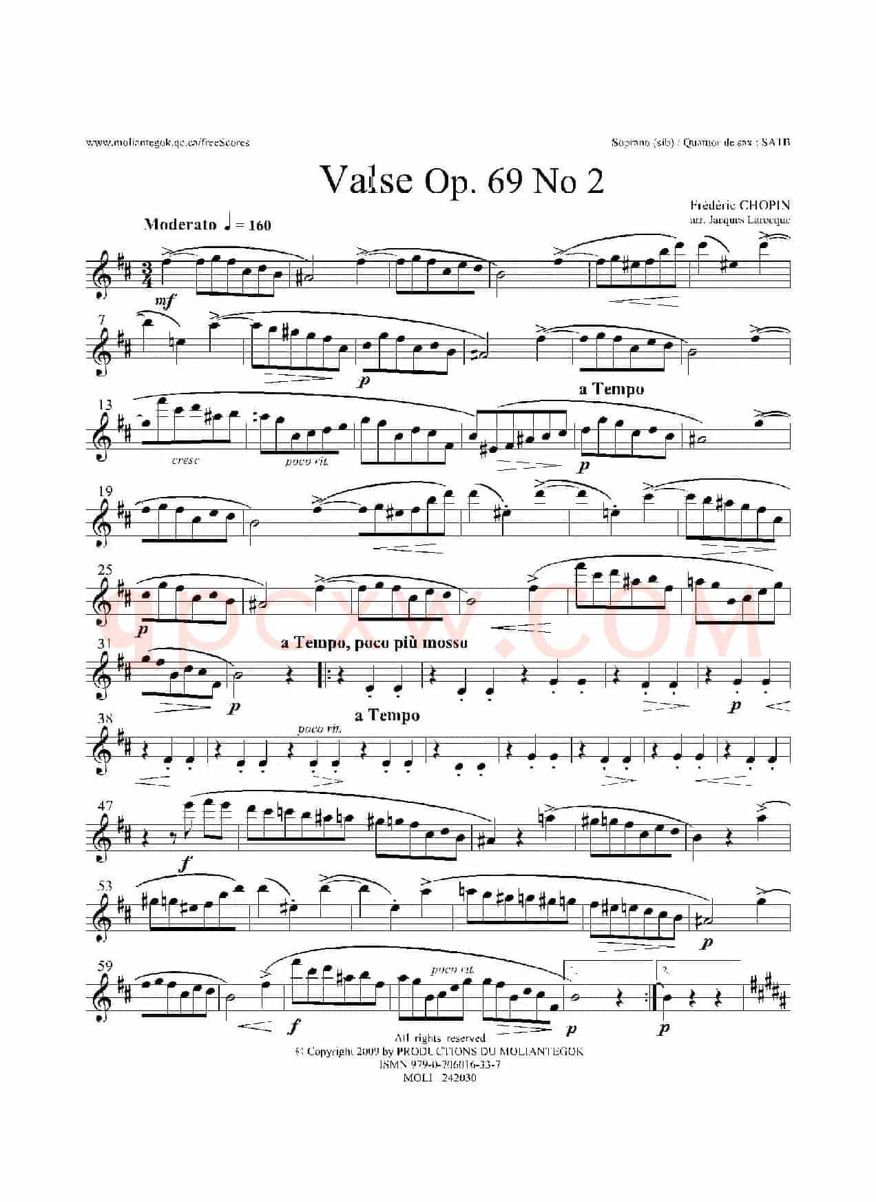 b小调圆舞曲 Op.69 No.2（四重奏高音萨克斯分谱）